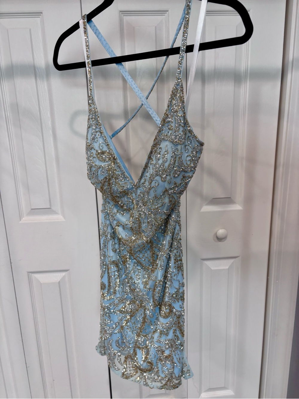 Primavera Couture Light Blue and Gold Beaded V-Neck Cocktail Dress